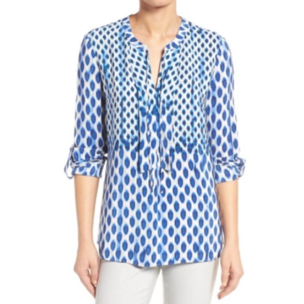 Nic + Zoe Falling Dots Blouse Women’s Size Medium Blue White Viscose